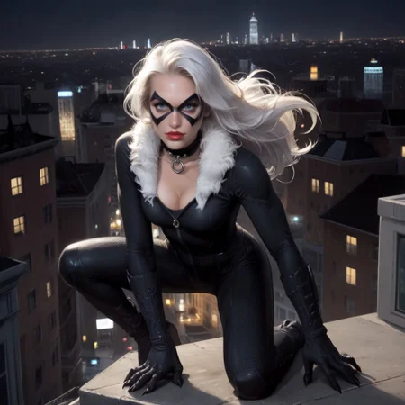 <lora:BlackCatpony10:1>,
score_9,score_8_up,score_7_up,
BlackCat,1girl,solo,breasts,long hair,mask,bodysuit,cleavage,white hair,fur trim,blue eyes,medium breasts,black_cat_\(marvel\),gloves,domino mask,lipstick,looking at viewer,city,black bodysuit,claws,makeup,lips,choker,night,full body,