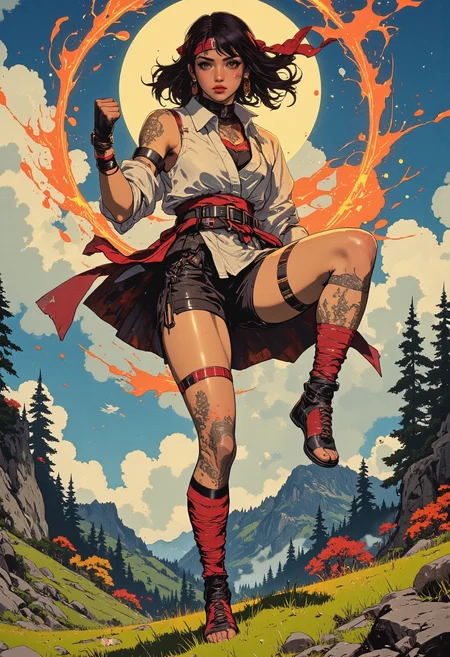 Image is an extreme close up digital fantasy artwork featuring an asian female fighter character in a dynamic kick boxing stance with one leg up. She's practicing muy thai. She has tan skin with black hair. She's wearing a sleeveless martial arts robe, with matching thigh highs and a long red headband. Her hands are wrapped in bandages for boxing. Theres a flaming aura around her. The background is of a serene mountainside, grassy field, lush colorful trees, rocks. front view