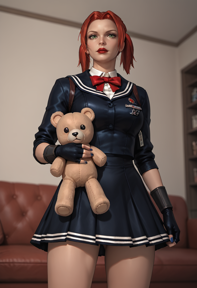<lora:Schoolgirl_Rayne:0.5>, score_9, score_8_up, score_7_up,score_6_up, score_5_up, score_4_up, 1girl, solo, mature woman, bloodrayne, bowtie, fingerless gloves, dark blue nail polish, green eyes, red lipstick, redhead, serafuku, black skirt, twintails, looking at viewer, close up, holding teddy bear with two hands, bedroom