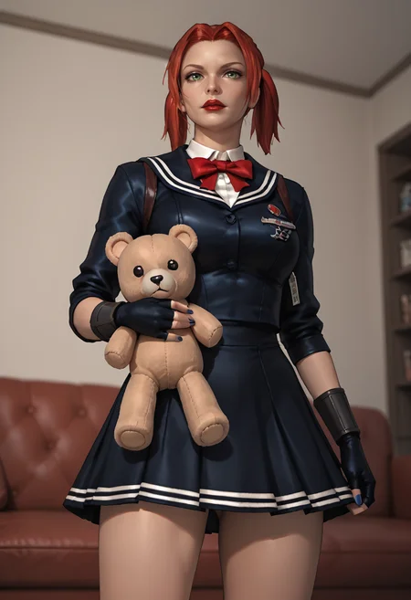 <lora:Schoolgirl_Rayne:0.5>, score_9, score_8_up, score_7_up,score_6_up, score_5_up, score_4_up, 1girl, solo, mature woman, bloodrayne, bowtie, fingerless gloves, dark blue nail polish, green eyes, red lipstick, redhead, serafuku, black skirt, twintails, looking at viewer, close up, holding teddy bear with two hands, bedroom