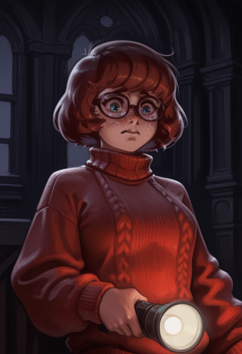 forbiddenstyle, masterpiece, best quality, solo,                                                                                                                                                                                      velma dace dinkley, sweater, glasses, freckles, spooky mansion interior, holding flashlight, worried, dark lighting, cinematic, 
