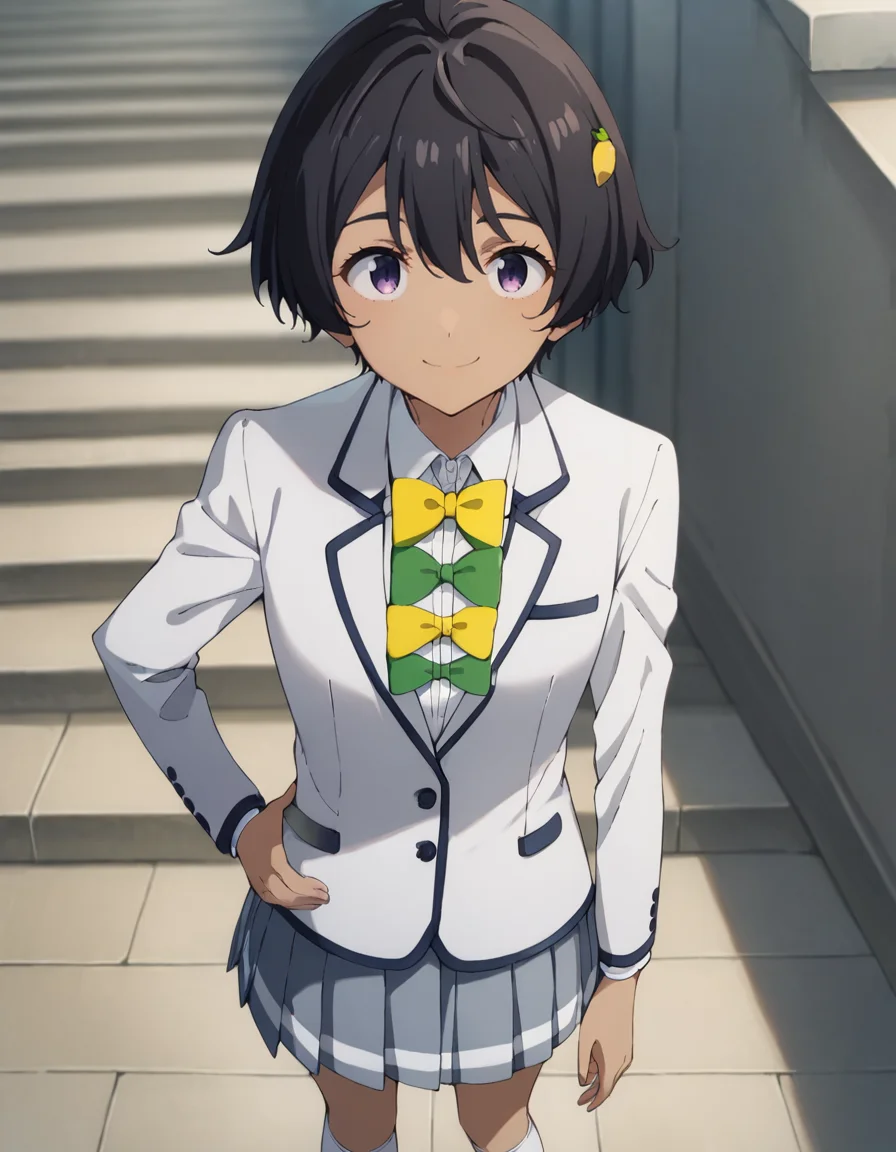 score_9, score_8_up, score_7_up, source_anime, BREAK
1girl, solo, looking at viewer, blurry background, light smile, hand on waist, standing, from above, outdoors, grass, stairs
lemon yakishio, short hair, black hair, hair between eyes, ahoge, lemon hair ornament, purple eyes, dark skin,
winter school uniform, white blazer, white collared shirt, long sleeves, yellow bowtie, green bowtie, grey pleated skirt, white socks,
<lora:lemon_yakishio_anime_v3-soralz:1>