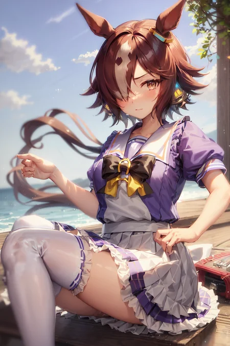 masterpiece, best quality,
vodka \(umamusume\),
white thighhighs, tracen school uniform, purple shirt, pleated skirt, puffy short sleeves, white skirt, puffy sleeves, summer uniform, frilled skirt, sailor collar, sailor shirt, miniskirt, frills
<lora:vodka_lora:0.8>