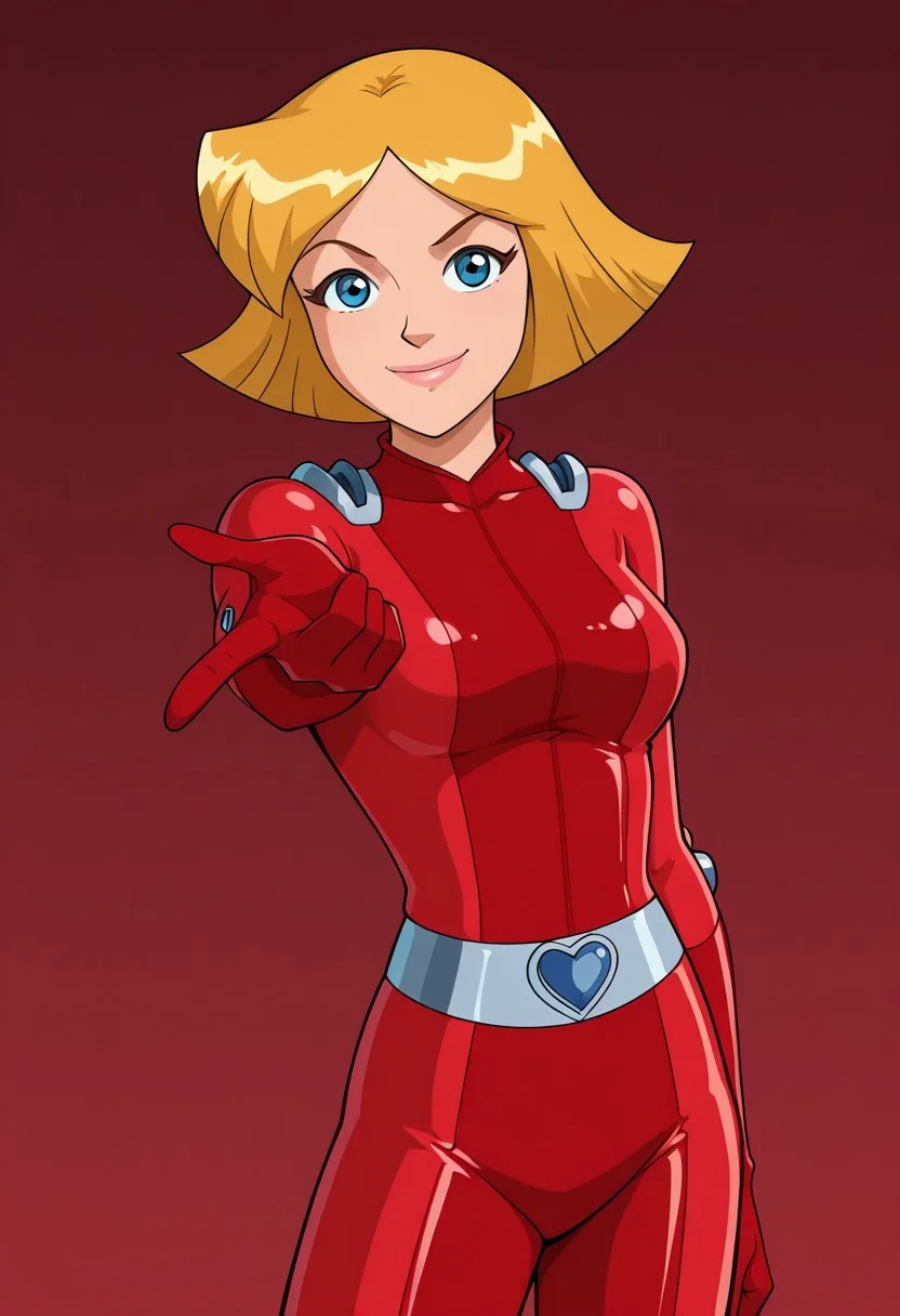 masterpiece, best quality, good quality, 1girl, solo, cartoon, parody, official style, cl0ver_totally_spies, short hair, blonde hair, blue eyes, red bodysuit, sexy, large breasts, beautiful, detailed, high detailed, very beautiful, detailed face, detailed eyes, detailed hand, abstract background, smile, posing, pose, looking at viewer, face focus
