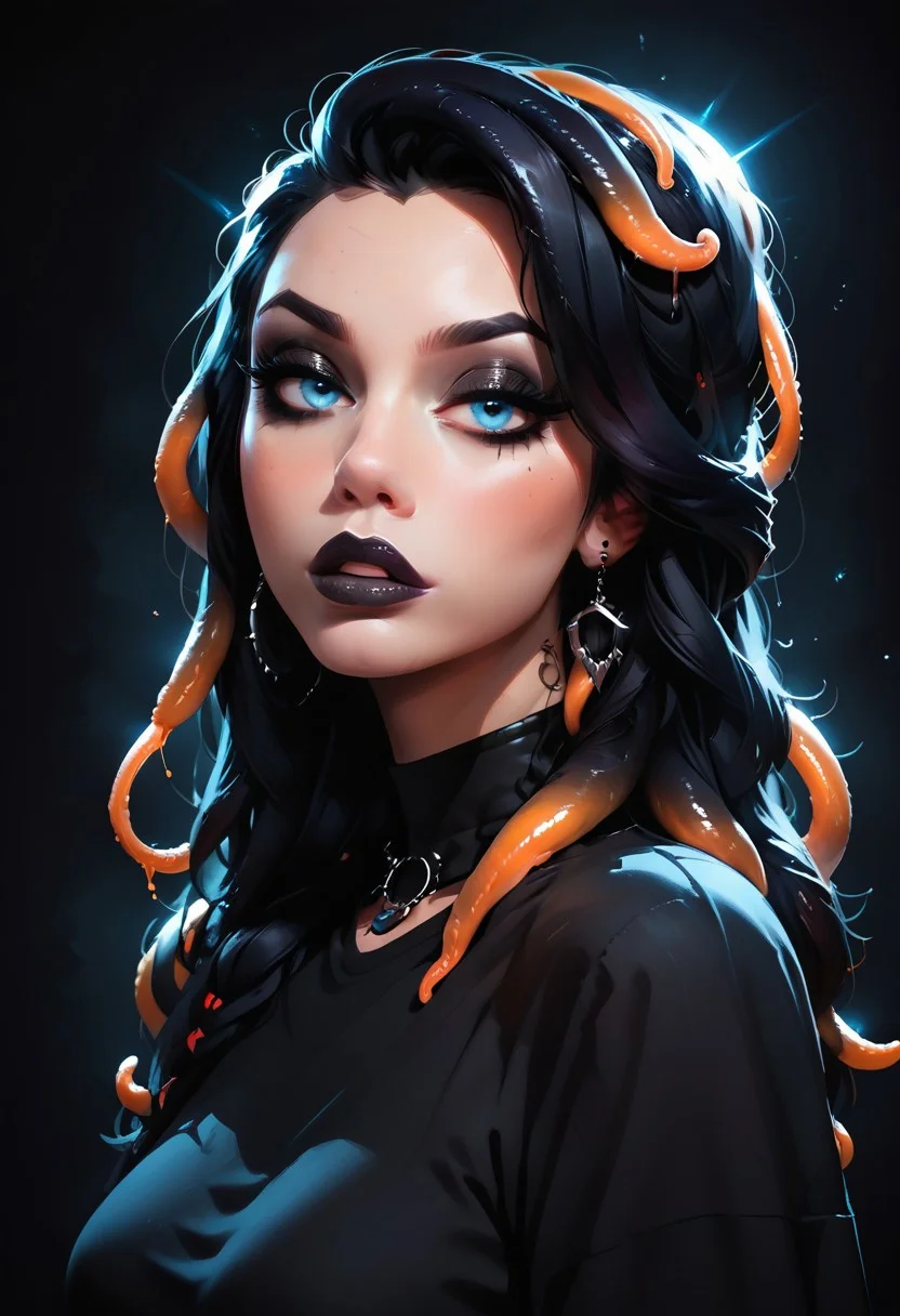 score_9, score_8_up, score_7_up, score_6_up, score_5_up, score_4_up, 1girl, Goth girl, gothicstyle, playing with hair, goth makeup, beautiful eyes, (((tentacle hair))) high contrast, vivid lighting, BREAK, sapphire blue eyes, touching hair, portrait