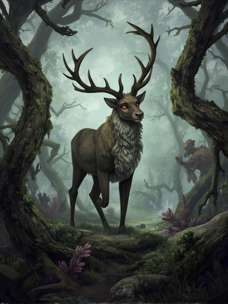 <lora:ck-LttleGhost-000011.safetensors:1> in the style of ck-lttlegh0stIn this haunting fantasy art print, a majestic reindeer stands amidst an eerie forest setting with unnatural yet intricate details and twisted flora. The misty, ethereal background fills every corner with foreboding.
