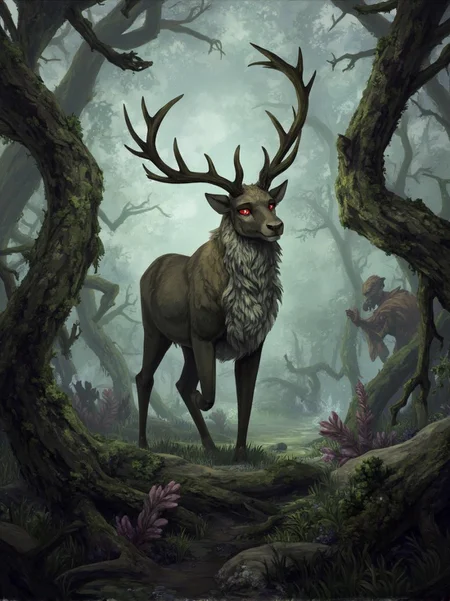 <lora:ck-LttleGhost-000011.safetensors:1> in the style of ck-lttlegh0stIn this haunting fantasy art print, a majestic reindeer stands amidst an eerie forest setting with unnatural yet intricate details and twisted flora. The misty, ethereal background fills every corner with foreboding.