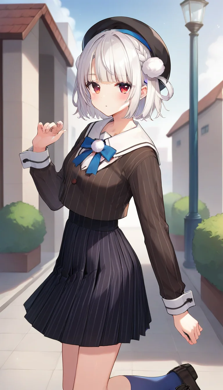 score_9,score_8_up,score_7_up,score_6_up BREAK official art,solo,outdoors,cowboy shot,looking at viewer,facing viewer,blush,shigure ui (vtuber),Ui(voisona),beret,black headwear,white hair,short hair,hair rings,pom pom hair ornament,side braid,french braid,blunt bangs,red eyes,school uniform,black jacket,vertical-striped jacket,white sailor collar,neck ribbon,pom pom (clothes),long sleeves,white wrist cuffs,double-breasted,black skirt,pleated skirt,vertical-striped skirt,blue socks,loafers,black footwear,<lora:Ui(voisona)-Pony:1.2>,
