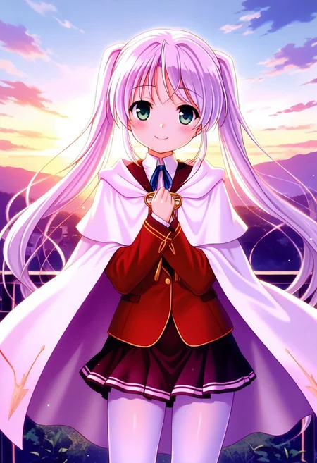1girl,cowboy_shot,best quality,amazing quality,absurdres,shiro,cape,red blazer,skirt,white pantyhose,,looking_at_viewer,smile,outdoors