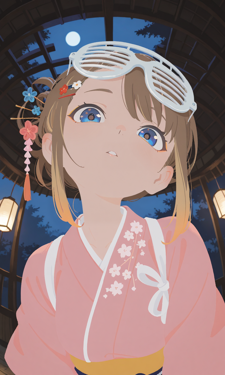 embedding:IllusP0s, art by torikun, flat color, no lineart, 1girl, solo, night, indoors, brown hair, blonde highlights, asymmetrical bangs, sidelocks, hairpin, hair ornament, blue eyes, parted lips, pink kimono, eyewear on head, shutter shades, contrast lighting, outdoors, night, from below, close-up, eye focus, fisheye, looking at viewer, head tilt, tasuki,<lora:torikun_noobai.safetensors:1.0:1.0>