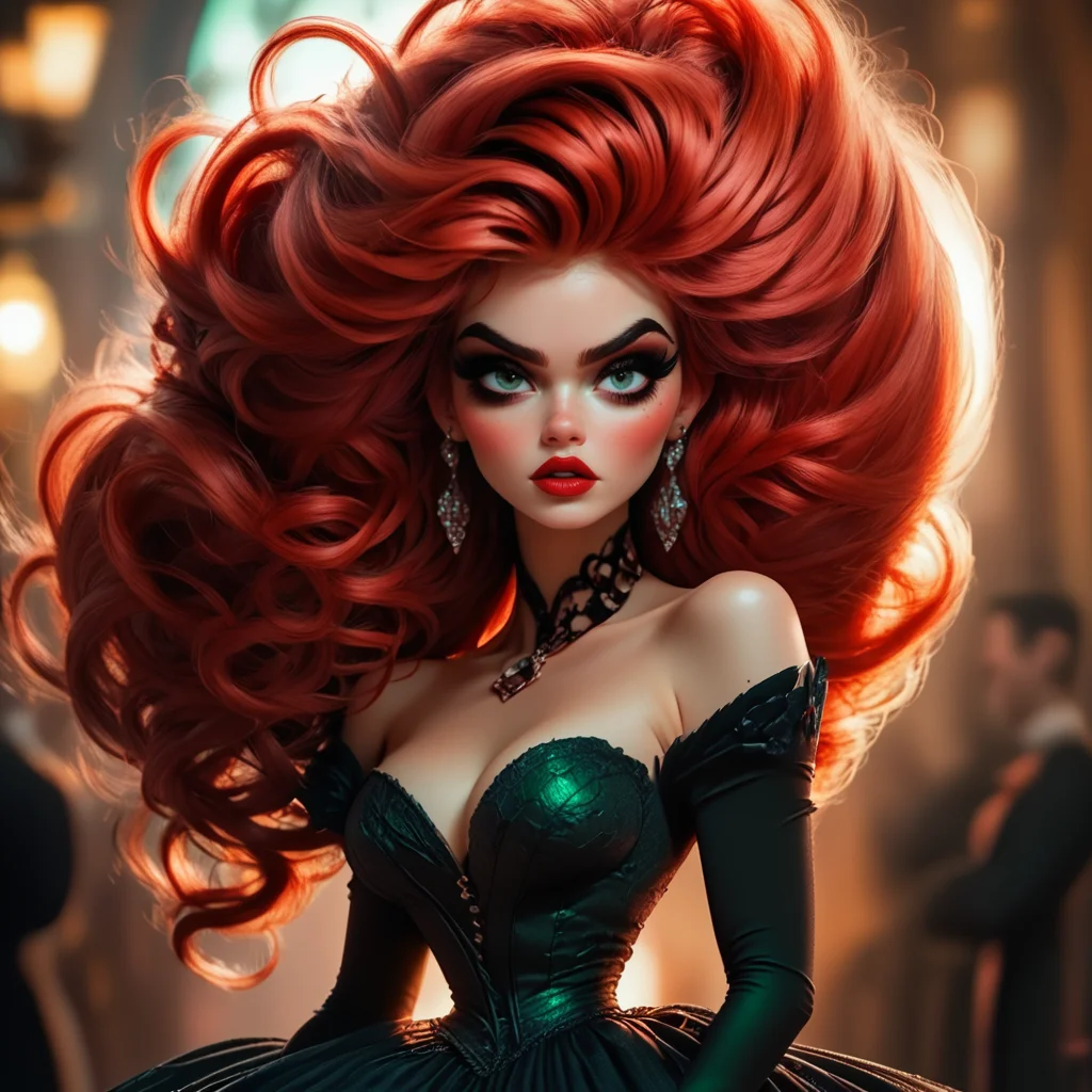 Score_9, score_8_up, score_7_up, score_6_up, BREAK <lora:3D_Fairytales_r2:1> 3D Fairytales, The image shows a woman with long red hair wearing a black dress standing in front of a blurred background. Her face is clearly visible with her eyes looking directly at the viewer., 1girl, solo, red hair, jewelry, dress, long hair, earrings, makeup, breasts, floating hair