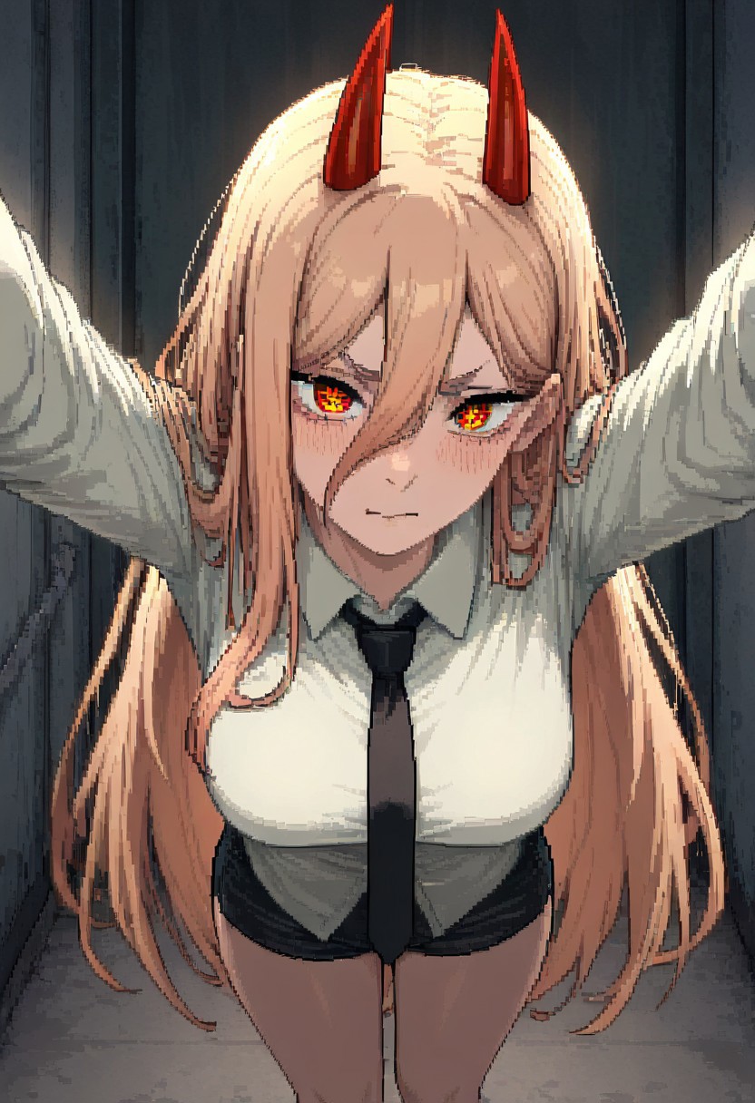 masterpiece, best quality, newest, absurdres, highres, PCSVIL-V1.0, pixel art, 1girl, power \(chainsaw_man\), demon horns, long hair, blonde hair, very long hair, red horns, black necktie, horns, cross-shaped pupils, shirt,