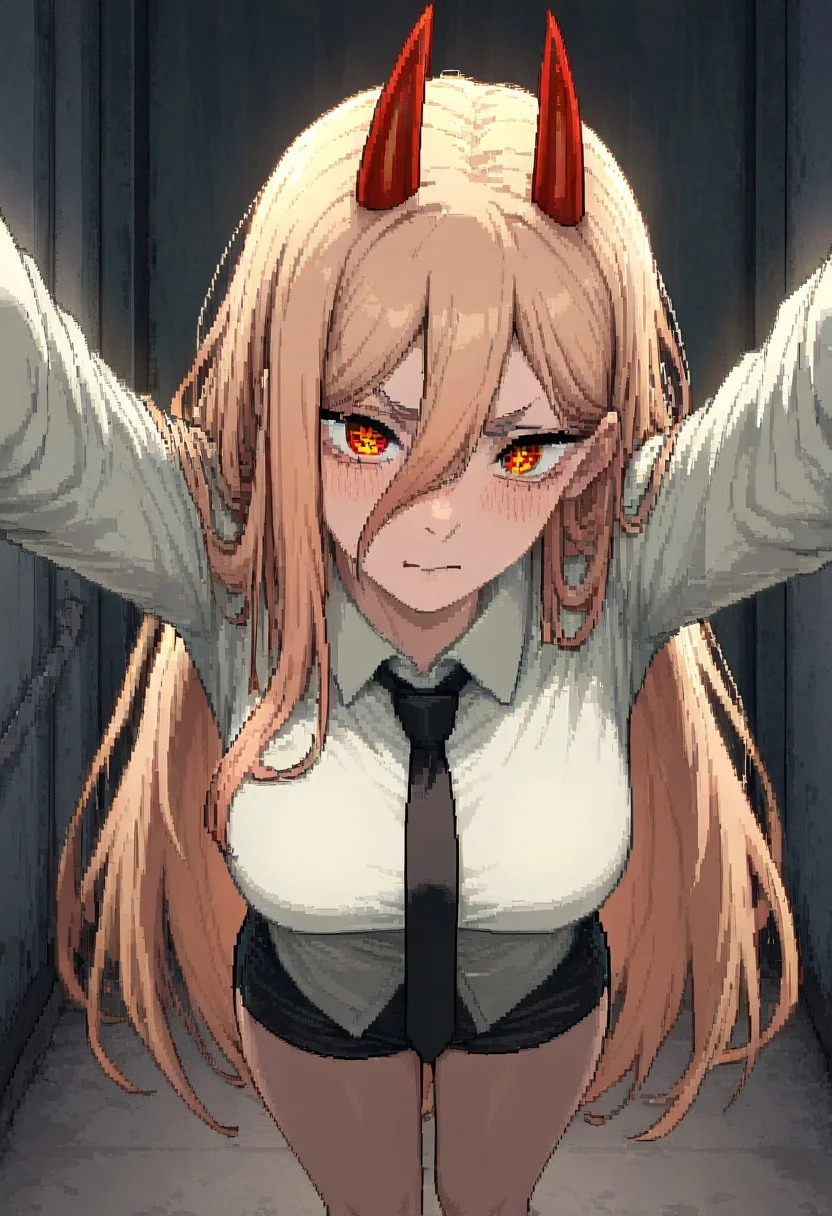 masterpiece, best quality, newest, absurdres, highres, PCSVIL-V1.0, pixel art, 1girl, power \(chainsaw_man\), demon horns, long hair, blonde hair, very long hair, red horns, black necktie, horns, cross-shaped pupils, shirt,