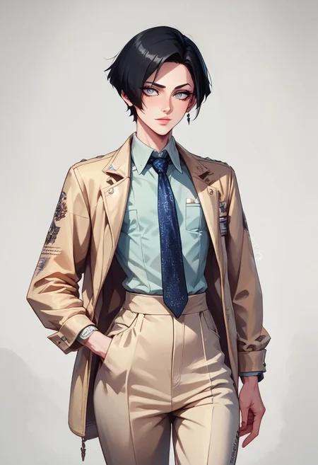 score_9, score_8_up, score_7_up, 1boy, femboy, otoko no ko, short hair, bob cut hair, black hair, grey eyes, gray eyes, feminine face, toned body, Shelly, 1930s fashion style, vintage, collared shirt, jacket, tie, pants, formal, highly detailed, intricate, zzCitronCAT, pose, modelshoot