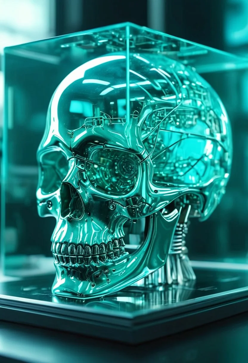 A breathtaking image of a cybernetic android skull made of turquoise jelly material contained within a glass cube on a cyberpunk desk, closeup, macro, highly detailed, high quality surreal image, movie poster style, hyperrealistic, 4k , photorealistic, close-up view,