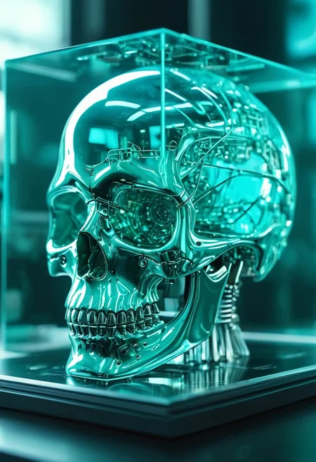 A breathtaking image of a cybernetic android skull made of turquoise jelly material contained within a glass cube on a cyberpunk desk, closeup, macro, highly detailed, high quality surreal image, movie poster style, hyperrealistic, 4k , photorealistic, close-up view,