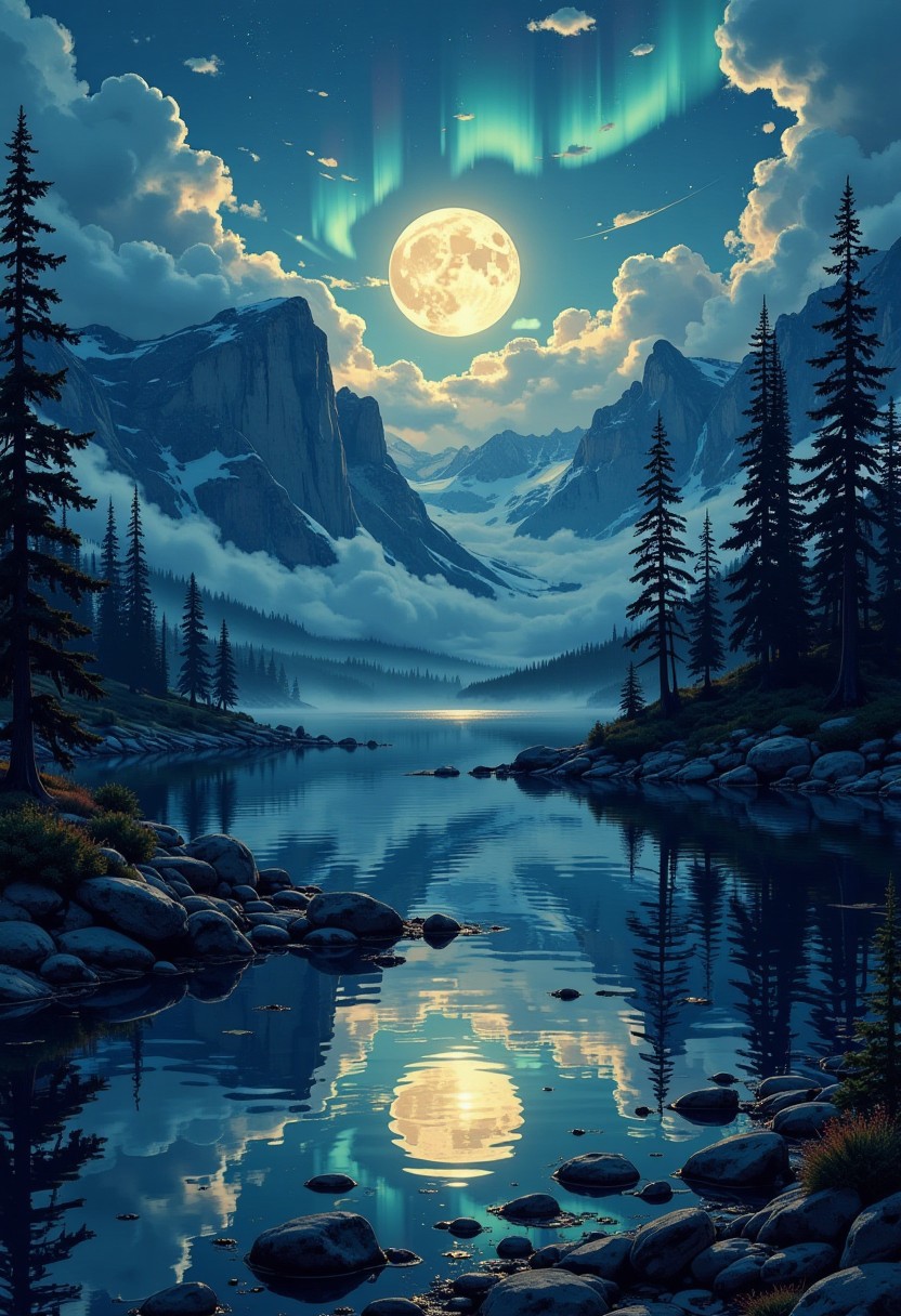 A serene and mystical nighttime landscape featuring a massive full moon glowing brightly in the center, surrounded by ethereal clouds. The foreground showcases a calm lake reflecting the moonlight. The surrounding mountains and tall pine trees create a dramatic silhouette against the illuminated sky. The overall scene is imbued with a blend of cool blue tones and soft golden hues, emphasizing a tranquil yet magical atmosphere. The composition highlights the grandeur of nature and the solitude of the moment. Aurora borealis highlighting the moon,