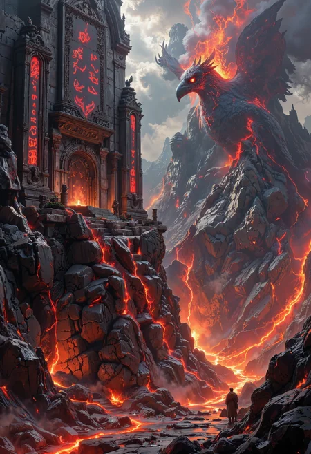 in the style of ck-ovf, A massive stone temple perched on the edge of a volcano, with fiery red runes glowing on its walls. Inside, a giant statue of a Phoenix with gemstone eyes stands guard, surrounded by altars and ancient scrolls. Lava flows from cracks in the floor, casting a fierce, red-orange light on the templeâs stonework, giving the scene an intense, fiery atmosphere filled with the energy of rebirth.<lora:ck-OneViolentFantasy-000021.safetensors:0.6:0.6>