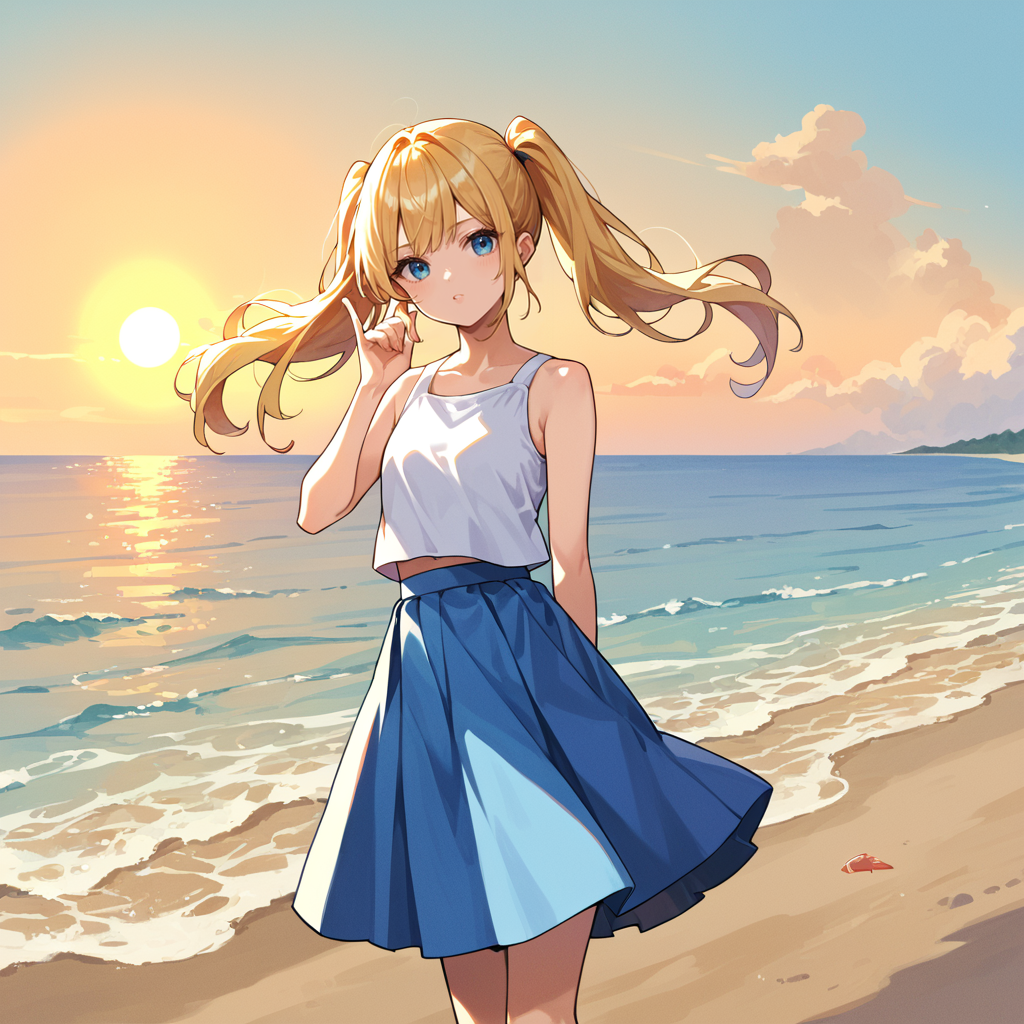 score_9, score_8_up, score_7_up,source_anime, rating_safe, 1girl, blonde hair, twintails, white top, blue medium skirt, beach, sunset, arm behind back, hand up,