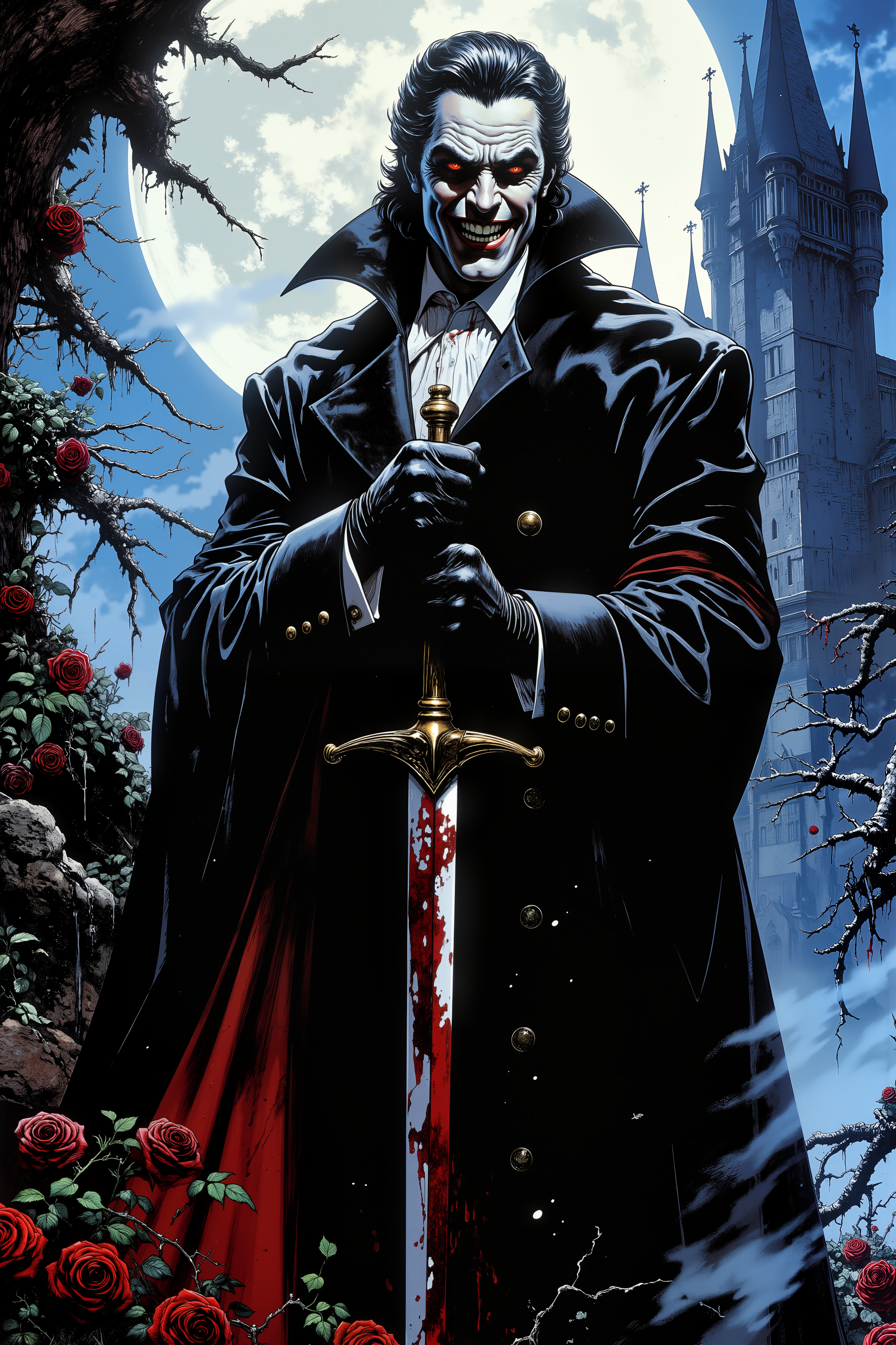A vampire lord, draped in a long, flowing black coat, his alabaster skin nearly glowing in the dim light of a full moon, bares his razor-sharp fangs in a wicked grin. His crimson eyes gleam with hunger, fixated on an unseen prey just beyond the frame. His raven-black hair, slicked back, shimmers with an unnatural shine, while his elegantly gloved hands grip the hilt of a ceremonial dagger, dripping with fresh blood. His aristocratic features are flawless and cold, with a regal sneer playing at his lips as he relishes in the chaos unfolding around him. The air around him seems to vibrate with dark magic, swirling in subtle shadows that cling to his tall, lean form. Behind him, the gothic architecture of a distant castle looms under the silver moonlight, its spires twisted and foreboding. A faint mist curls around his feet, and the scent of roses and blood lingers in the air. His posture is poised, calm, but his eyes betray the feral intensity of the predator beneath the refined veneer. <lora:Vintage comic book:1.5>