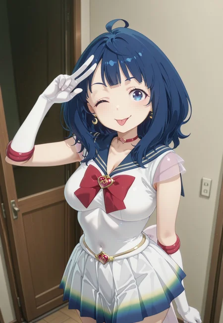 masterpiece,extremely detailed,best quality,amazing quality,newest,absurdres,highres, 1girl, solo, yanami anna, medium hair, blue hair, ahoge, bssmsup3r0utfit, sailor senshi uniform, crescent earrings, blue sailor collar, red bowtie, white elbow gloves, heartchoker, heartbrooch, huge white back bow, pleated skirt, multicolored miniskirt, smiling, v, Salute , tongue out,looking at viewer, one eye closed,