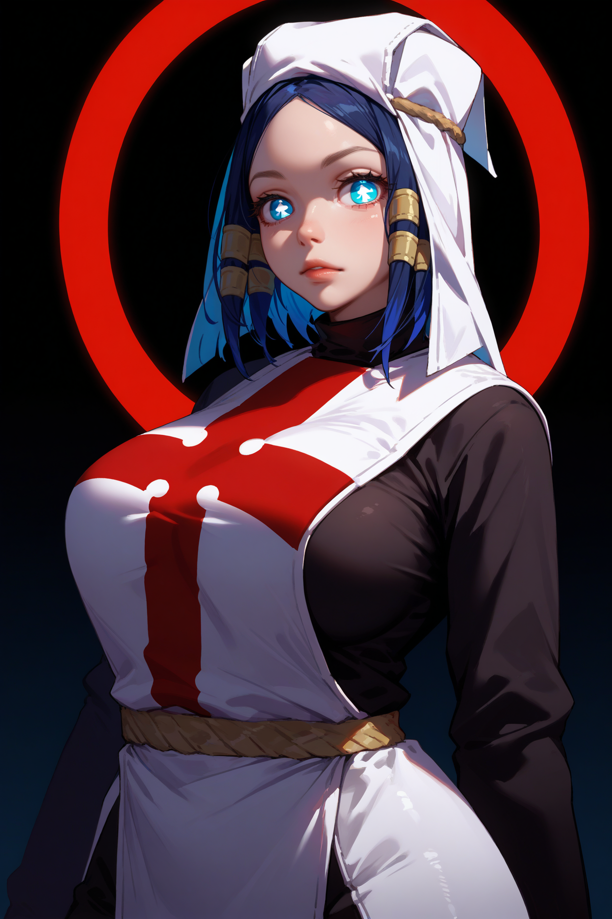 score_9, score_8_up, score_7_up, score_6_up, source_anime, 1girl, solo, <lora:ffarrow-pdxl-nvwls-v1-000005:1> arr0w, hair tubes, symbol-shaped pupils, white headwear, large breasts, red and white tabard, black bodysuit, bodysuit under clothes, black pantyhose, portrait, face focus, looking at you, black background, night sky, night