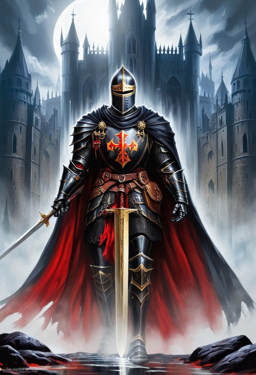 black armor, black knight, score_10, score_9, score_9_up, score_8_up, score_7_up, masterpiece, best quality, duo focus, multiple_boys, 2boys,, two figures, 1980s Fantasy Style, knight, gothic (paladin ), full gold and red plate armor, armor, black, cloak, hood, sword, heavy armor, shield, ghost, reflection, spirit, translucent, red mist, paladin, fighter, rogue, vivid color, castle,