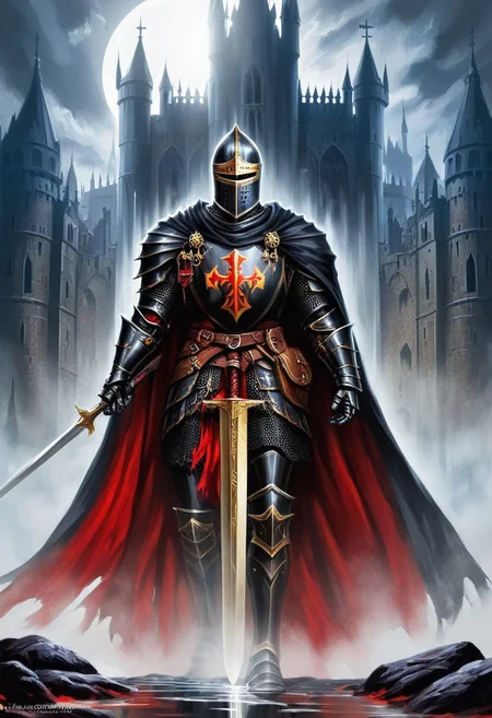 black armor, black knight, score_10, score_9, score_9_up, score_8_up, score_7_up, masterpiece, best quality, duo focus, multiple_boys, 2boys,, two figures, 1980s Fantasy Style, knight, gothic (paladin ), full gold and red plate armor, armor, black, cloak, hood, sword, heavy armor, shield, ghost, reflection, spirit, translucent, red mist, paladin, fighter, rogue, vivid color, castle,