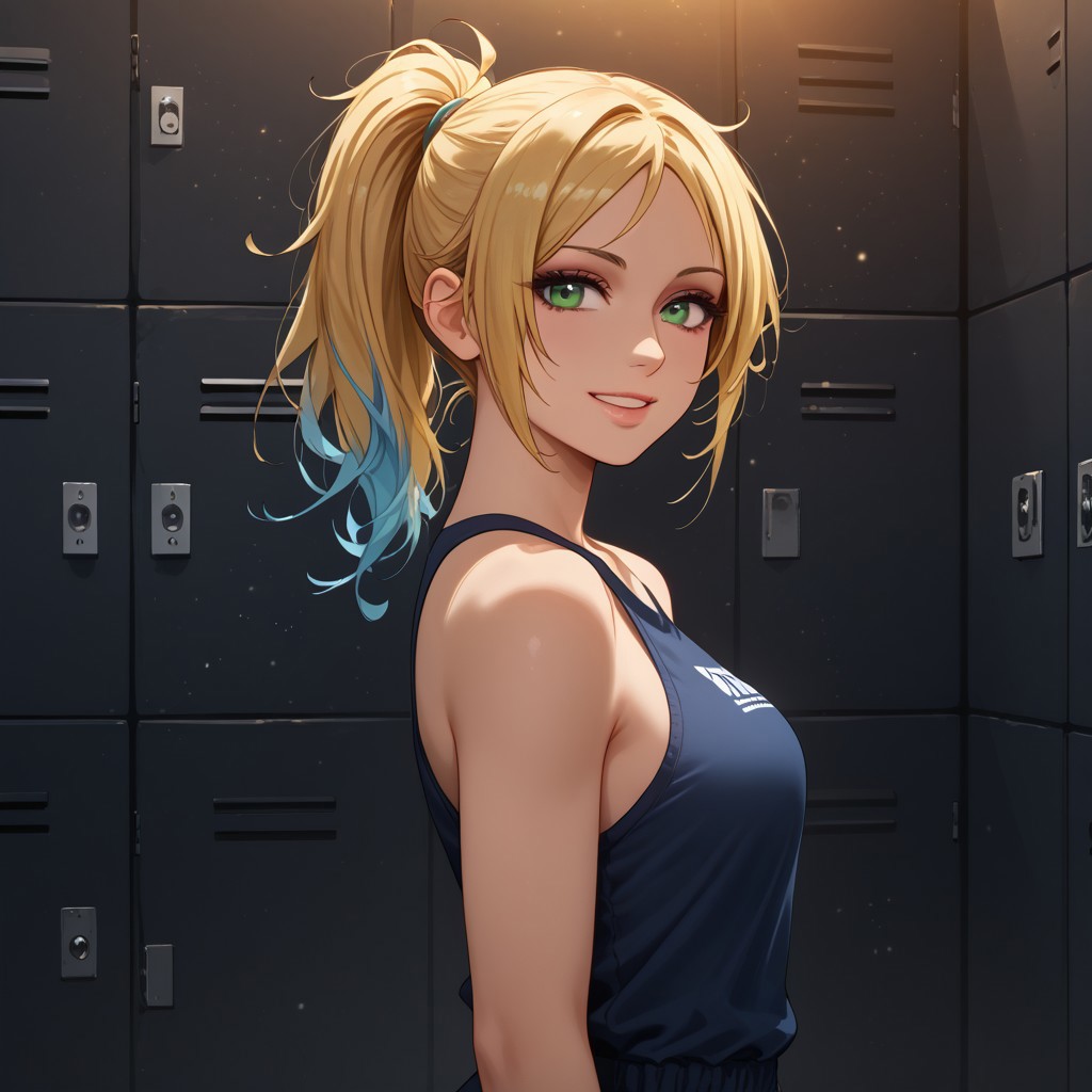 score_9, score_8_up, score_7_up, Expressiveh, (shingeki no kyojin style:0.7), medium length messy hair, ponytail, blonde hair, light blue highlights, blue eyes, perfect face, 18 year old girl, BL_Ging, slender body, pale female, pale skin, medium perky perfectly round breasts, detailed lips, cute sexy, green eyes, eye contact, seductive, abstract background, dark cinematography, mood lighting, cinematic lighting, full body, makeup, perfect anatomy, perfect hands, smile, thin, petite, half lid eyes, sexy, (looking back:0.6),
1girl, changing room background, gym clothes, portrait,