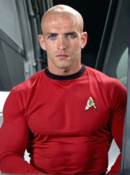 1boy, 20 year old male, Handsome, masculine, blonde, star trek, red shirt, muscle, tall, tight shirt, wide pectorals, big shoulders, wide shoulders, muscular neck, German, bald, big pale blue eyes,
stunf, star trek uniform,