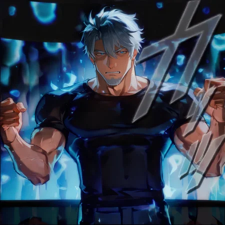 <lora:illustrious_XL_kaxtu:1>, kaxtu, cowboy shot, fighting stance, 
<lora:face_phainon:.7>, phainon,white hair,short hair,hair between eyes,blue eyes
(very short hair, beard, bara, mature, facial hair, stubble, beard, full beard, sideburn, beard, a lot of beard, ), facial hair,male focus, muscular male, muscular male, bara, mature,  bara, mature, aixiwuganda_(20222192), very awa, masterpiece, best quality, absurdres, newest, perfect quality, detailed background, intricate details,
<lora:slider_Body Type_alpha1.0_rank4_noxattn_last:3><lora:style_Anime Summer Days 2 Style SDXL_LoRA_Pony Diffusion V6 XL:.6><lora:slider_cfg_scale_boost:.7><lora:Artist6p:.55>, Artist6p, Artist04p,<lora:slider_il_brightness_slider_d1:-1><lora:slider_il_contrast_slider_d1:-1><lora:slider_DarkSlider1.2_alpha1.0_rank16_full_300steps:-.6>