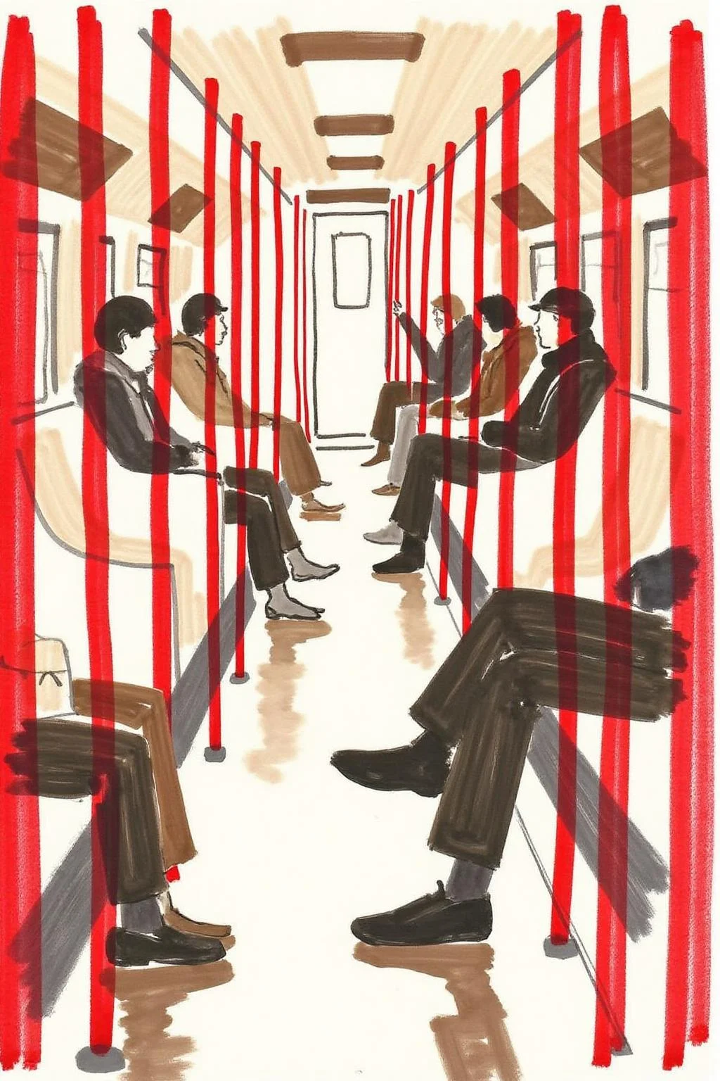 watercolor illustration.
A scene inside a subway train. With passengers show side way in profiles. The interior of the train is shown with vertical red lines, representing poles. <lora:minink1_cap_d6a3e12:1.0><lora:825118382404700875:0>