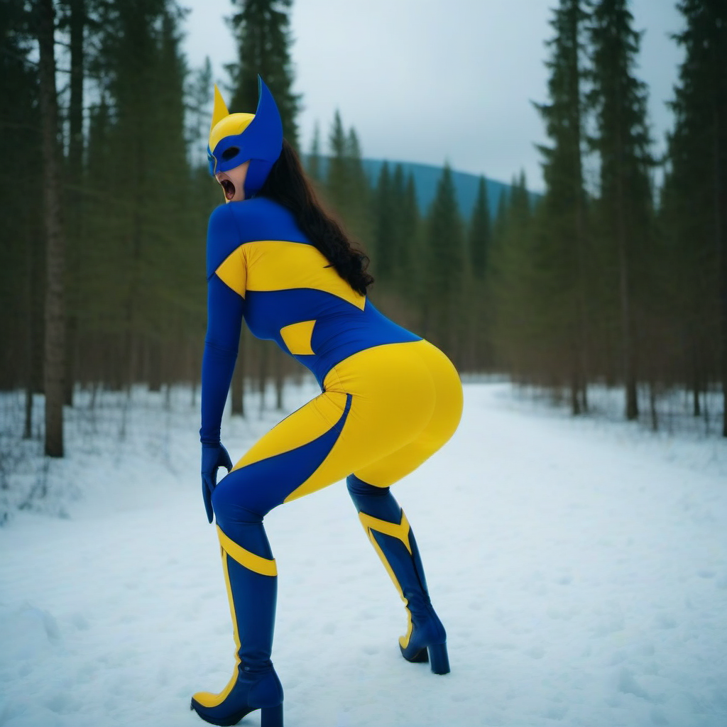 cinematic photo a full body woman with a mask and a blue and yellow bodysuit, highheel high boots, screams, snowy forest <lora:X-23-1024:0.8> . 35mm photograph, film, bokeh, professional, 4k, highly detailed