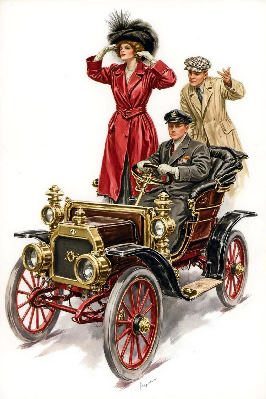 hafisher1 illustration.
A vintage-style illustration set in the early 20th century, depicting a grand automobile with large brass fixtures and red spoked wheels. A refined woman in an elegant red coat, white gloves, and a dramatic hat with a flowing veil stands proudly in the vehicle, holding binoculars as if surveying the road ahead. The chauffeur, dressed in a dark uniform and cap, sits attentively at the wheel, while a man in a beige trench coat and checkered cap, possibly a reporter or photographer, leans forward with excitement, gesturing animatedly. The scene captures the adventurous spirit and technological marvel of the automobile age with rich colors and a painterly, classic illustration style. <lora:hafisher1_cap_d6a3e12:1.0><lora:829872765172519897:0>