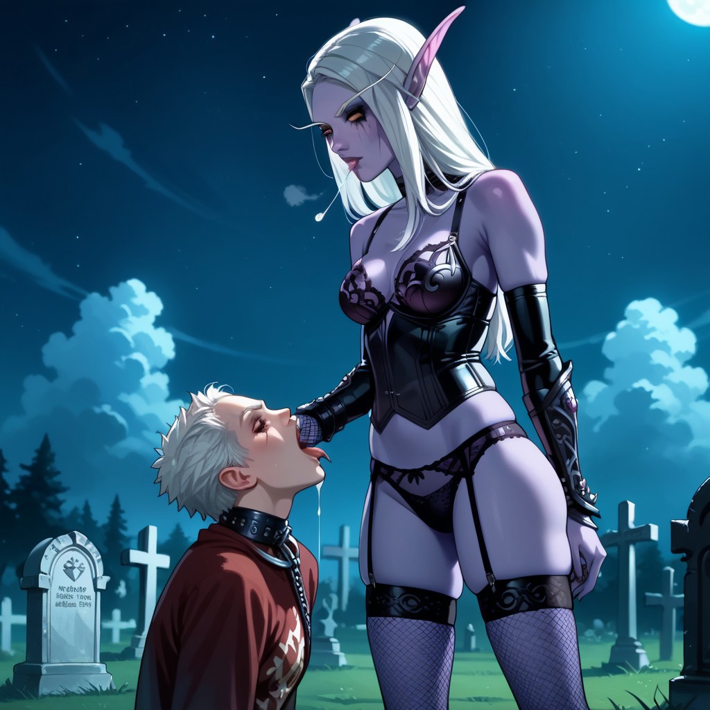 score_9,score_8_up,score_7_up,score_6_up,source_anime, studio lighting, anime screencap, femdom, SPDO3, Spitting Domination, spits in mouth, saliva focus, cemetery, night, horror,  
1girl (xsylvanasx, white hair, long hair, red eyes, runny makeup, (purple skin:1.3), long eyebrows, pointy ears, elf, panties, bra, stockings, garter, fishnet lingerie, fishnets, fishnet gloves, corset, (skinny:1.3), petite, skindentation, dominatrix, angry),
BREAK
1guy (18 years old, submissive, slave, captive)