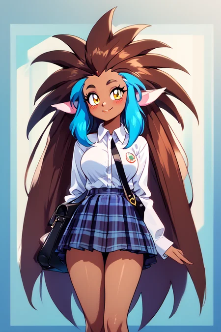 score_9, score_8_up, score_8, medium breasts, (curvy), cute, eyelashes, ,,, , ,,, zzRyouOuki, long hair, animal ears, dark skin, multicolored hair, blue hair, brown hair, yellow eyes, dark-skinned female, two-tone hair, spiked hair, very long hair, big hair, furry, oversized shirt, retro artstyle, <lora:RyouOuki_PDXL:1.0>, ,,,, BREAK, closed mouth, alternate costume, smile, looking at viewer, collared shirt, blush, sweater, black skirt, eyelashes, long sleeves, sleeves past wrists, plaid skirt, shoulder bag, black bag, blurry, tile floor, pleated skirt, white shirt, cowboy shot, ,,, embedding:zPDXL, Expressiveh, ,,, <lora:Vivid:0.7>, <lora:LFashionPDXL:1>, <lora:Uncensored_PonyXL_cpt_v02.09:0.4>, <lora:Expressive_H-000001:0.4>,