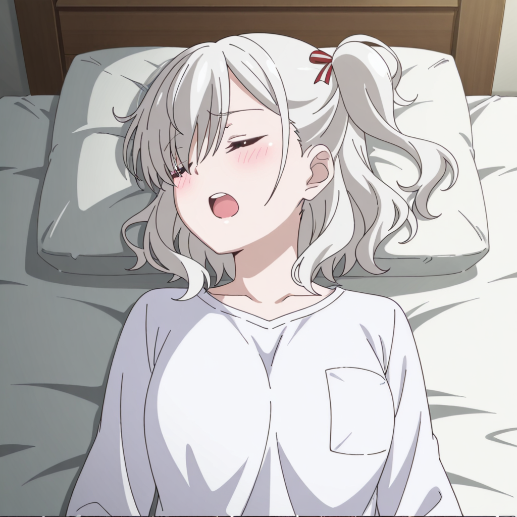 nsfw, masterpiece, best quality, 1girl, solo, warlords_of_sigrdrifa_komagome_azuzu,  lying on back, open mouth, closed eyes, grey hair,blush, white shirt, short hair, bedroom, bed, <lora:Komagome_Azuzu_-_Warlords_of_Sigrdrifa:0.7>