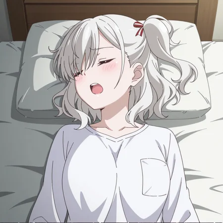 nsfw, masterpiece, best quality, 1girl, solo, warlords_of_sigrdrifa_komagome_azuzu, lying on back, open mouth, closed eyes, grey hair,blush, white shirt, short hair, bedroom, bed, <lora:Komagome_Azuzu_-_Warlords_of_Sigrdrifa:0.7>