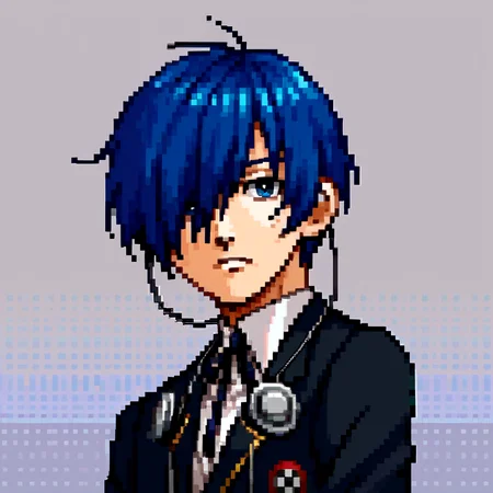 score_9, score_8_up, score_7_up, source_anime, BREAK, solo, 1boy, looking at viewer, <lora:P1-Portraits-pdxl_Fp:1>, portrait, simple background, pixel art, <lora:MakotoP3-pdxl_Fp:0.8>, makotop3, school uniform, gekkoukan high, headphones, blue hair, blue eyes, short hair, black jacket, black pants, hair over one eye, expressionless,