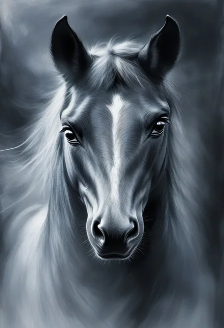novuschroma style, a galloping horse with fluttering mane in wispy vapor, novuschroma71 style charcoal drawing