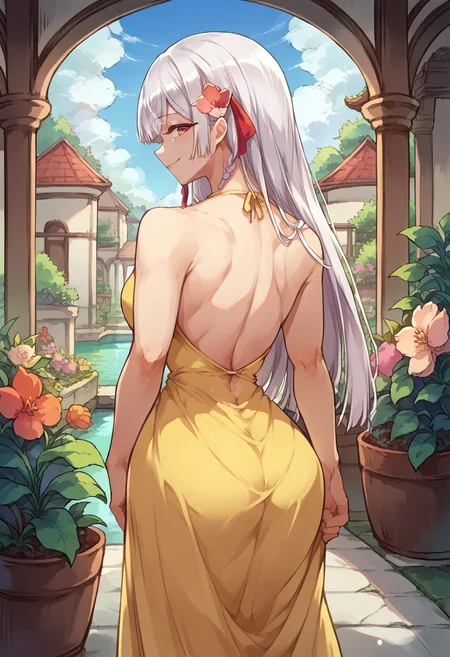 score_9, score_8_up, source_anime, 1girl, solo, FunadaUi, mole under mouth, white hair, long hair, blunt bangs, side braid, red hair ribbon, hair flower, from behind, yellow sundress, garden, day, sunshine, smile, looking back, <lora:ChamFunadaUiPonyXL:1>