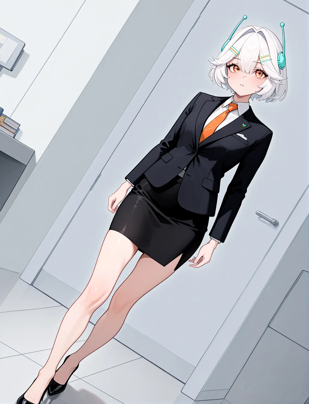 office, full body, 1girl, solo, dutch angle, 
<lora:EllieMinibotV1:1> ellieminibot, white hair, bangs, hair between eyes, short hair, hairclip, hair hair intakes, orange eyes, hair ornament, suit, tie, office lady, pencil skirt, high heels,, masterpiece, best quality, amazing quality, very aesthetic, absurdres, newest