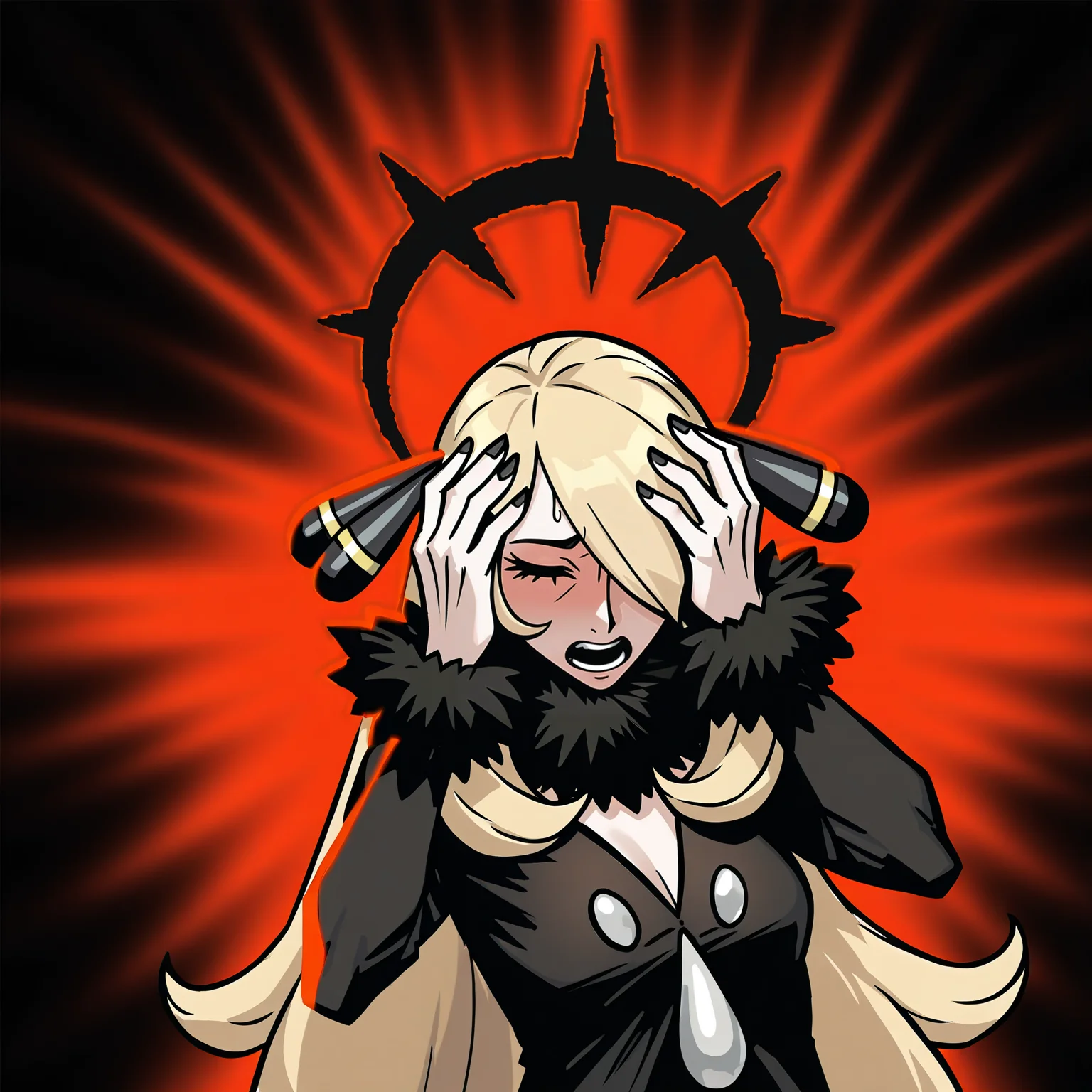 masterpiece, best quality, very aesthetic, absurdres BREAK
1girl, cynthia \(pokemon\), blonde hair, hair over one eye, very long hair, hair ornament,
affliction, halo, hands on own head, closed eyes, pain,
upper body, solo, red background, black background <lora:AfflictionIllustriousXL_byKonan:1>