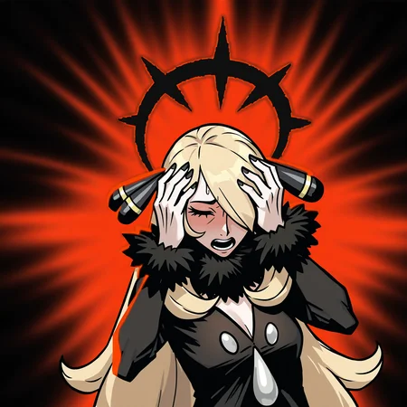 masterpiece, best quality, very aesthetic, absurdres BREAK
1girl, cynthia \(pokemon\), blonde hair, hair over one eye, very long hair, hair ornament,
affliction, halo, hands on own head, closed eyes, pain,
upper body, solo, red background, black background <lora:AfflictionIllustriousXL_byKonan:1>