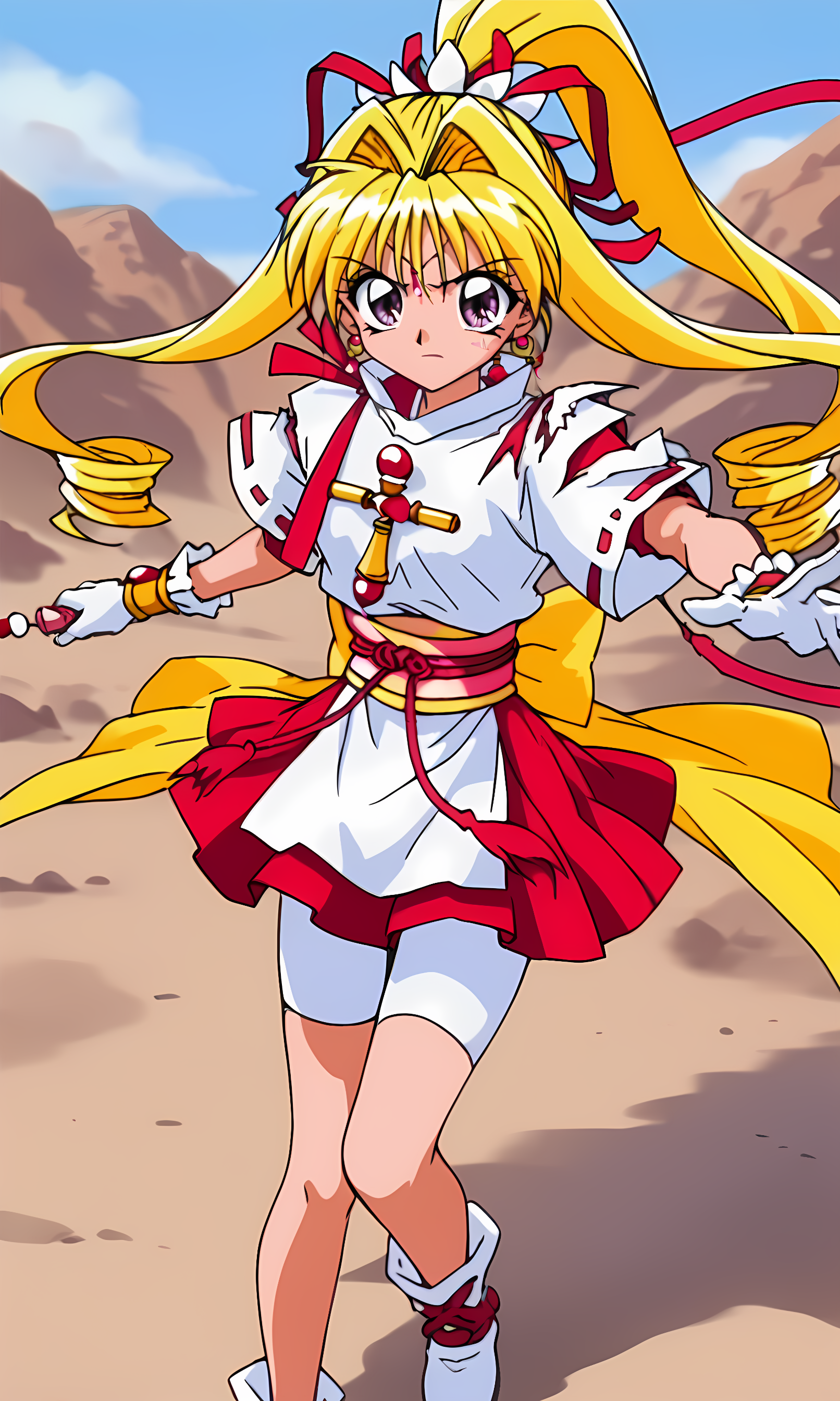 8k, best quality, solo, cute, score_9, score_8_up, score_7_up, 90s anime, masterpiece, source_anime, KKJs2, artist A style, purple eyes, forehead jewelry, scar on face, blonde hair, very long hair, hair intakes with drill long sidelocks, one high drill ponytail at the back, red hair ribbon with white octagonal decoration, earrings, torn outfit, red inner clothes with white edges, torn white outfit, folded standing collar, white collar, white side slit and long shirt tail, red accents on white short sleeves, torn white left sleeves, short red inner sleeves on the left hand revealed, torn white right sleeves, torn short red inner sleeves on the right hand, exposed lower arms, shoulder decoration, red ribbon decoration on shoulder, torn shoulder on left arm, red inner clothes revealed, cross ornament on chest, gold bracelet, long white gloves, red and yellow sash, red rope with tassels, large yellow bow, red layered miniskirt, white bike shorts, covering thighs, bare thighs between bike shorts and boots, white boots, red crisscross ribbons wrapping around boots, serious, holding 1ribbon wand, red ribbon, dynamic pose, fighting stance
