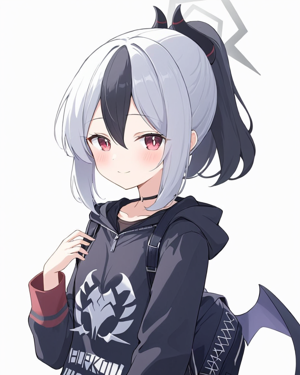 kayoko \(blue archive\),1girl, solo, horns, looking_at_viewer, ponytail, halo, smile, simple_background, mole_on_neck, white_background, black_hoodie, holding, blush, upper_body, closed_mouth, long_sleeves, heart, black_choker, v, collarbone, backpack, wings, hood_down
<lora:kayoko_(blue_archive)_image1860_2023-11-28-000012:1>halo. gorgeous,key visual, vibrant, studio anime,award-winning, professional, highly detailed,high budget, cinemascope