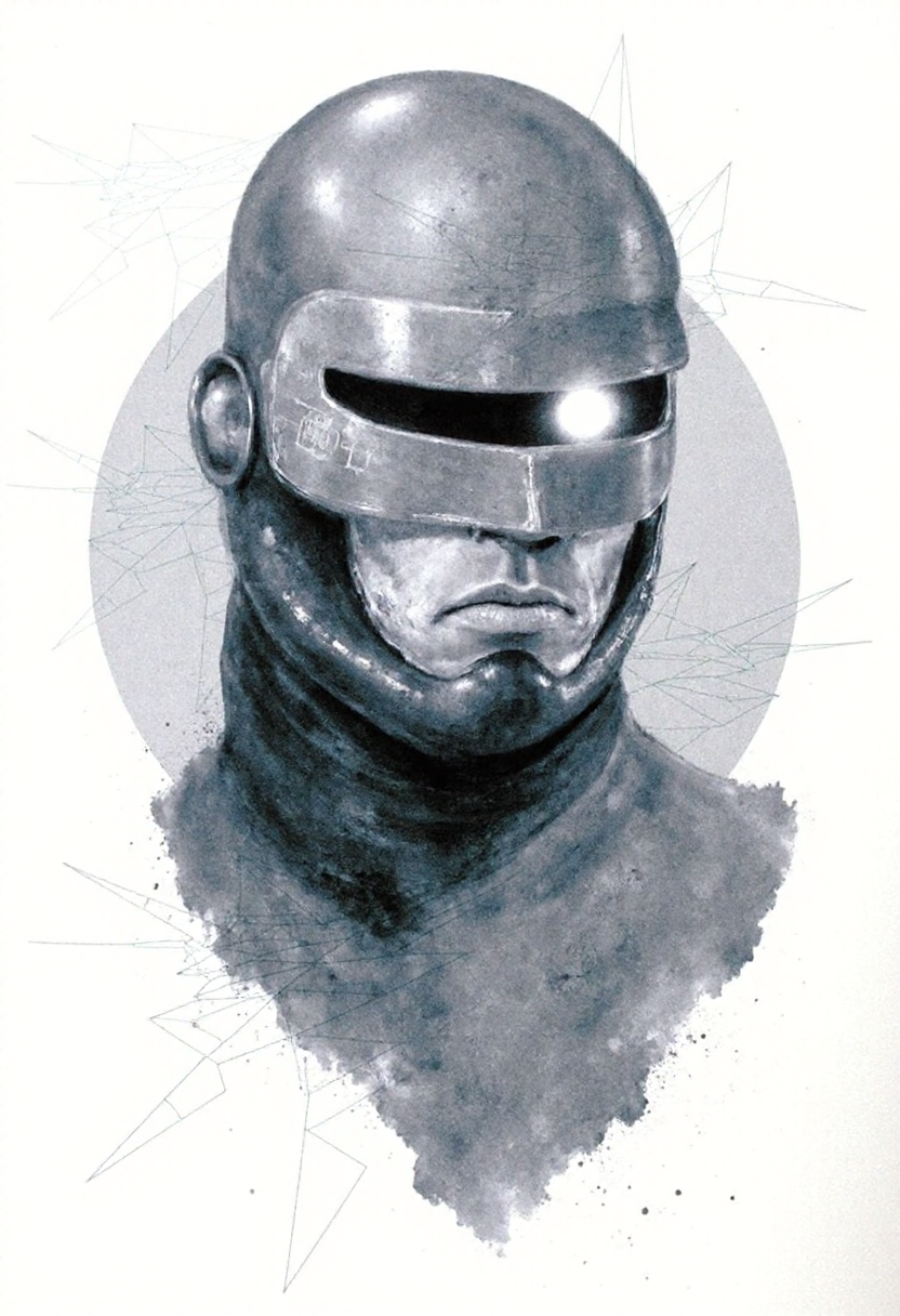 <lora:Acrobatic_Maneuvers_Style_FLUX-000015:0.9>
This image is a digital drawing that combines elements of surrealism and modern art. The central figure is a stylized, three-dimensional representation of Robocop's head, with striking details rendered in various shades of gray and white.