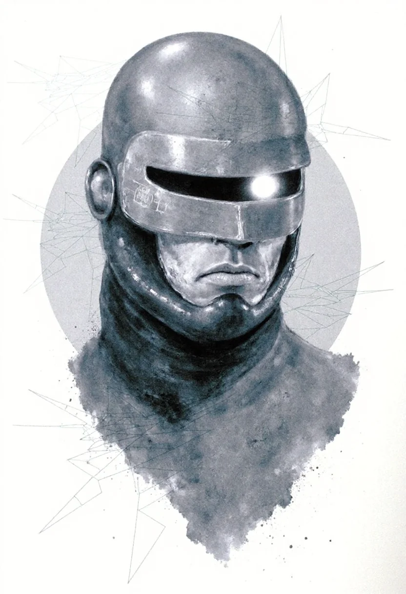 <lora:Acrobatic_Maneuvers_Style_FLUX-000015:0.9>
This image is a digital drawing that combines elements of surrealism and modern art. The central figure is a stylized, three-dimensional representation of Robocop's head, with striking details rendered in various shades of gray and white.