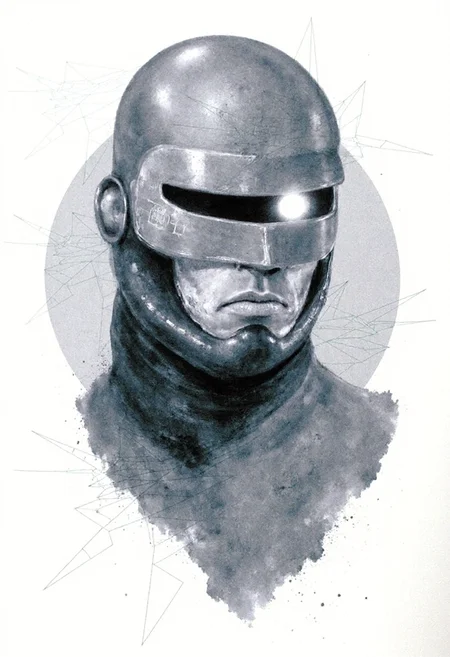 <lora:Acrobatic_Maneuvers_Style_FLUX-000015:0.9>
This image is a digital drawing that combines elements of surrealism and modern art. The central figure is a stylized, three-dimensional representation of Robocop's head, with striking details rendered in various shades of gray and white.
