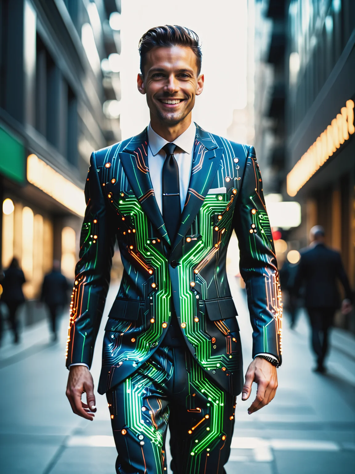 man wearing a mad-circuit dress suit walking through city, dynamic_pose, light smile, cinematic shot <lora:Coloruful_Circuit_SDXL_v2:0.6>